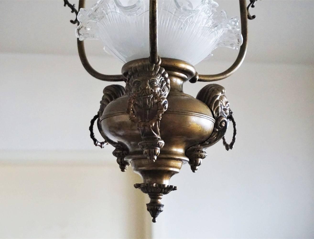 Late 19th Century French Empire-Style Brass Etched Glass Lantern, Pendant 1