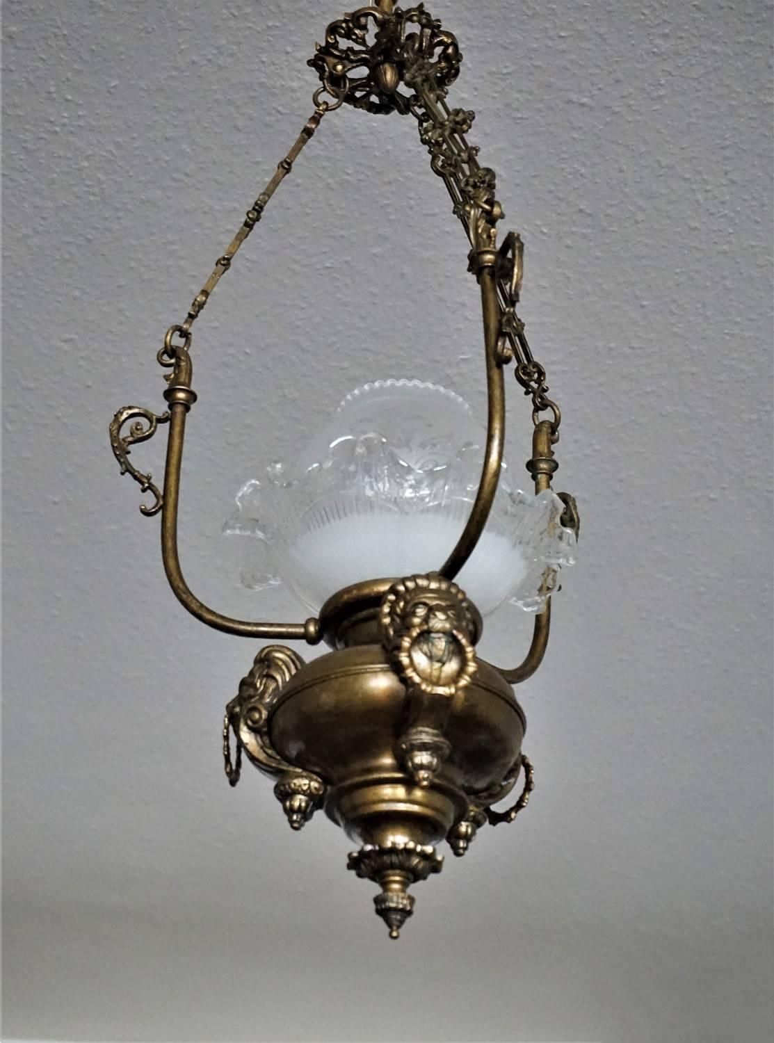 Late 19th Century French Empire-Style Brass Etched Glass Lantern, Pendant 3