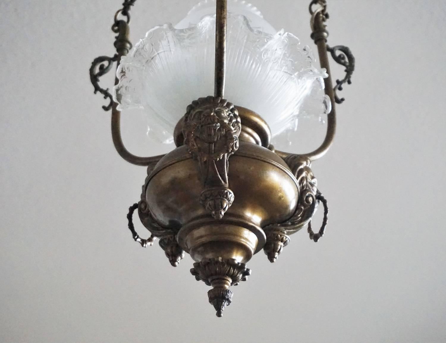 Late 19th Century French Empire-Style Brass Etched Glass Lantern, Pendant 6