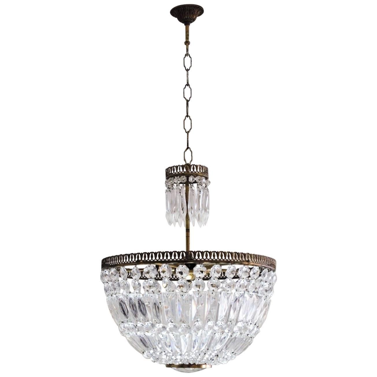 Midcentury French Cut Crystal Corbeille Style Five-Light Chandelier