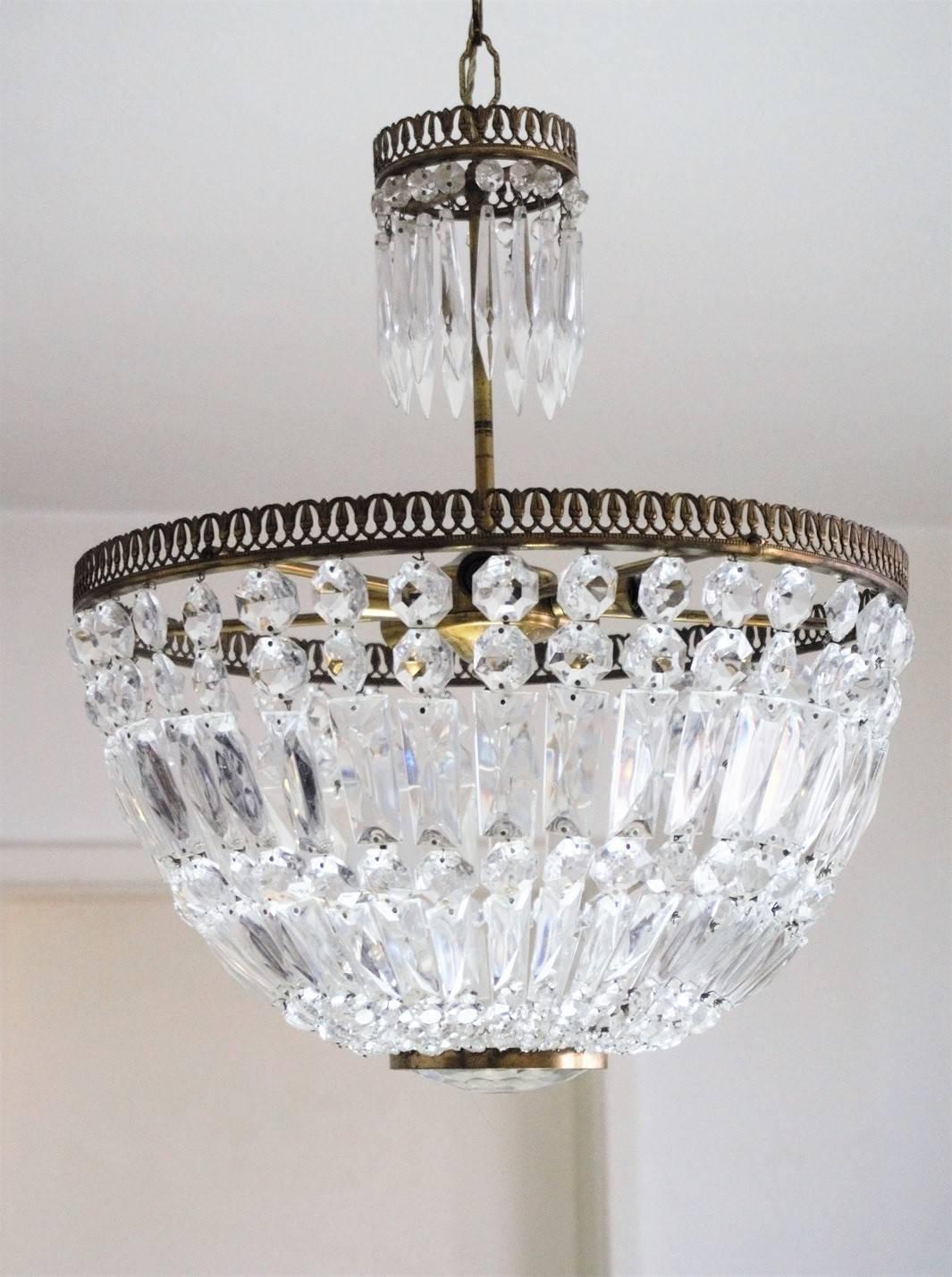 Midcentury French Cut Crystal Corbeille Style Five-Light Chandelier (Art déco)