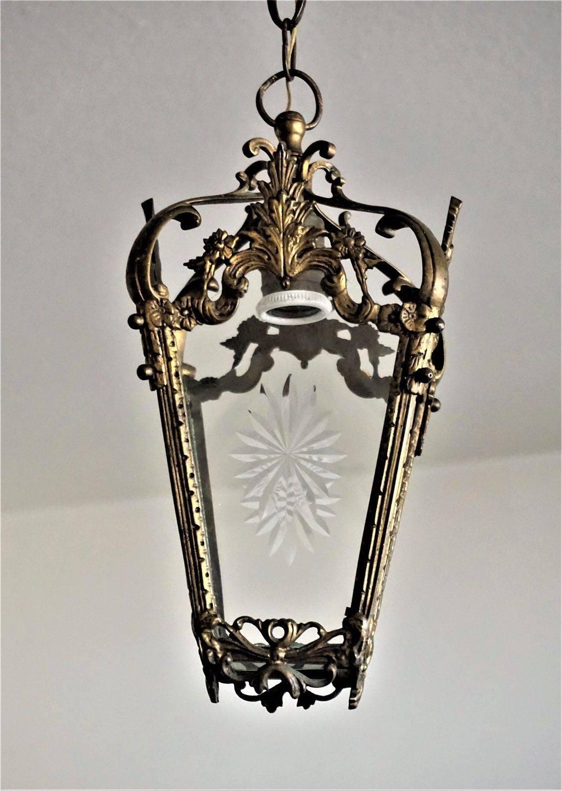 French Art Nouveau Bronze Cut-Glass Lantern, circa 1910 1