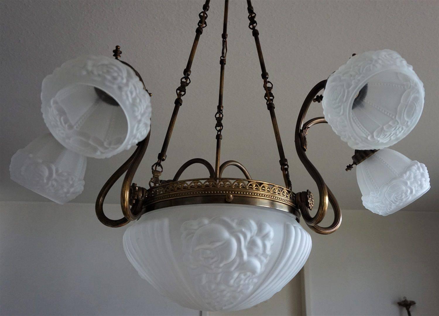 French Midcentury Brass and Frosted Glass Large Nine-Light Chandelier
