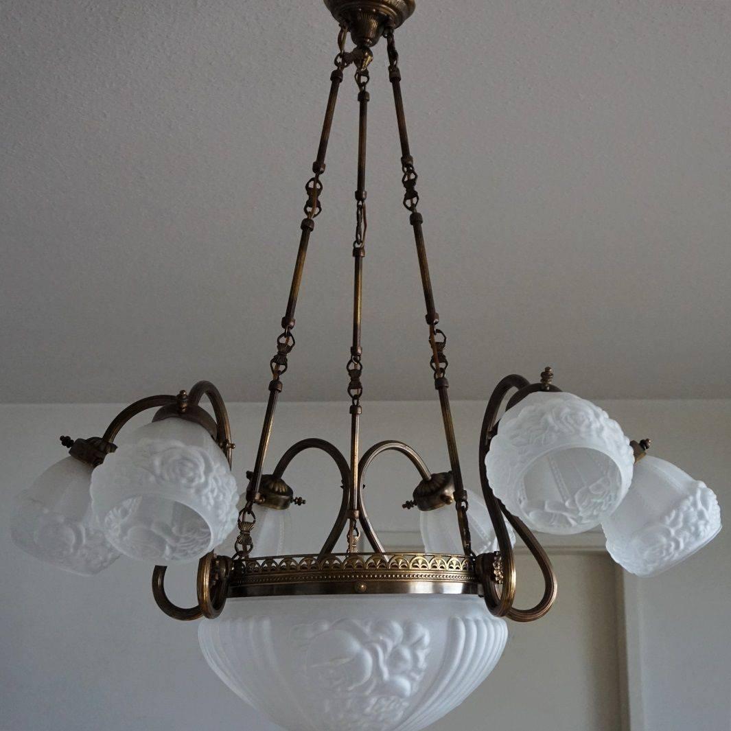 Midcentury Brass and Frosted Glass Large Nine-Light Chandelier 1