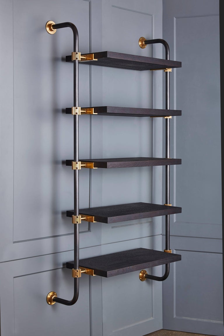 Wall-Mounted Adjustable Loft Shelves with Brass Fittings and Burnt Oak