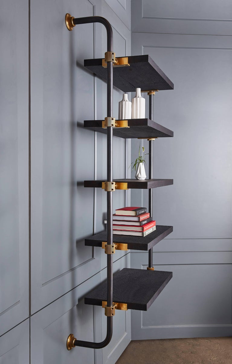 WallMounted Adjustable Loft Shelves with Brass Fittings and Burnt Oak