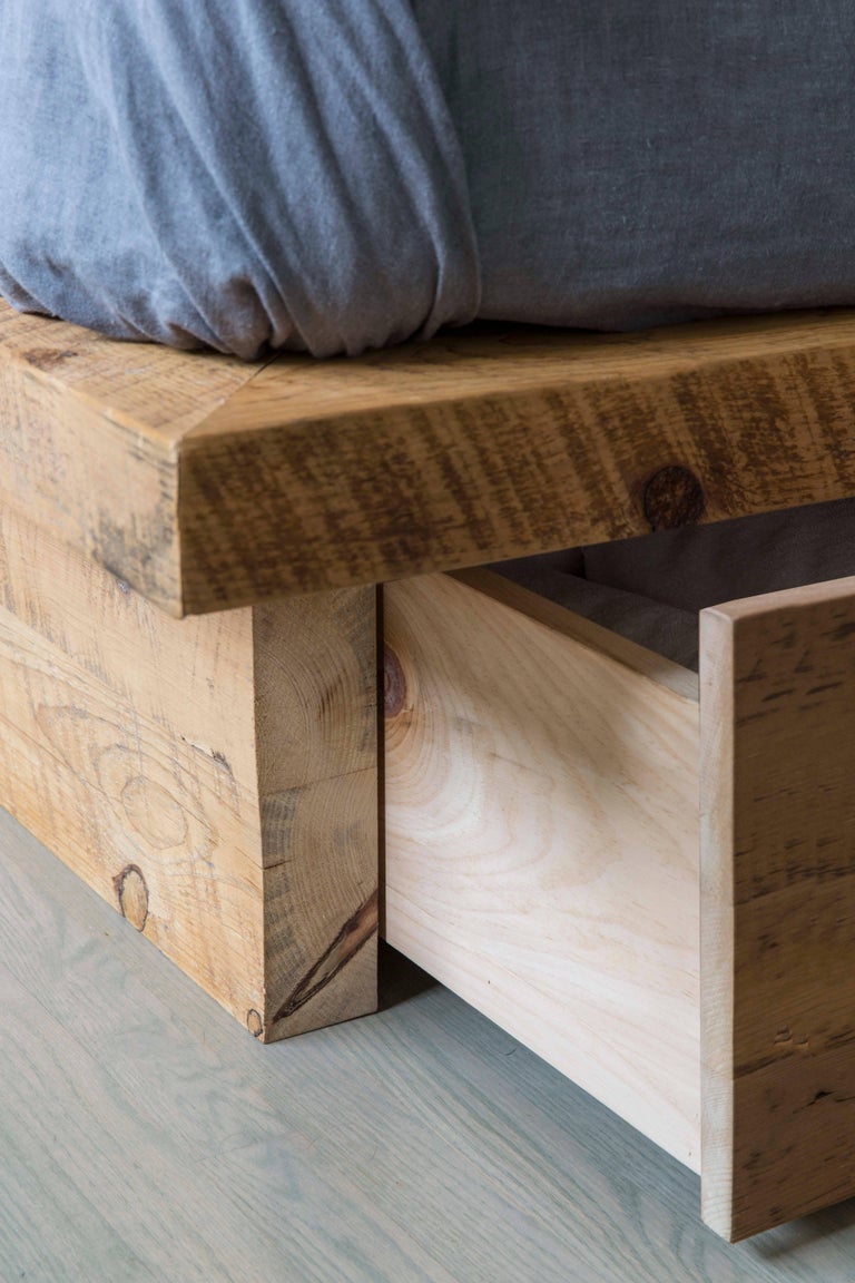 Rustic Modern Bed with Concealed Storage in Reclaimed Pine and Polished Brass For Sale at 1stdibs