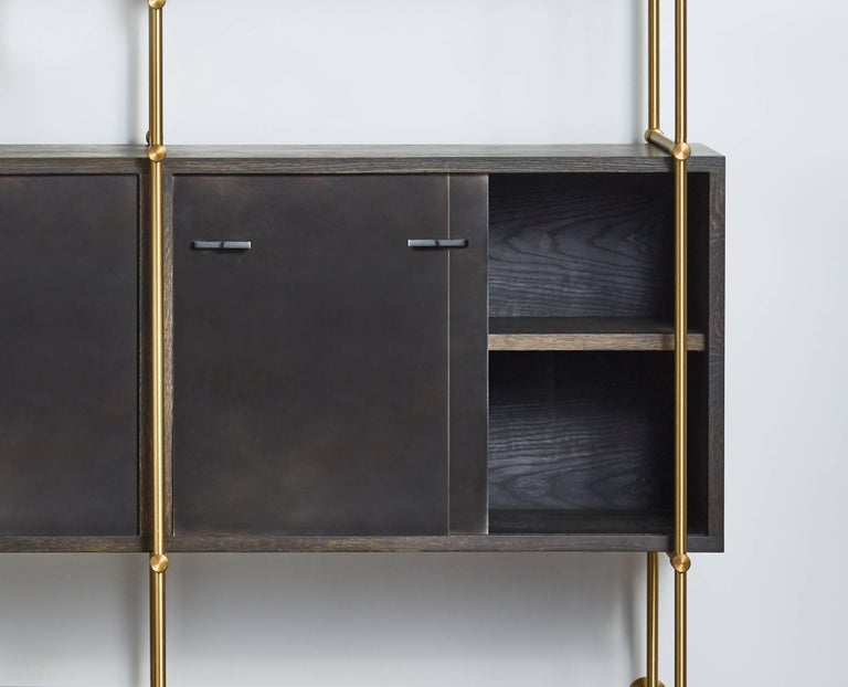 Two Bay Collector’s Brass Shelving Unit with Oxidized Oak Credenza and