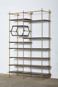 Amuneal's 2 Bay Collector's Brass Shelving Unit+Oxidized Oak Adjustable Shelves