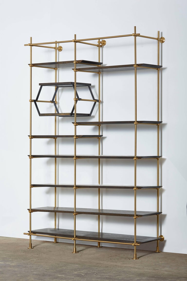 TwoBay Collector's Brass Shelving Unit with Oxidized Oak Adjustable