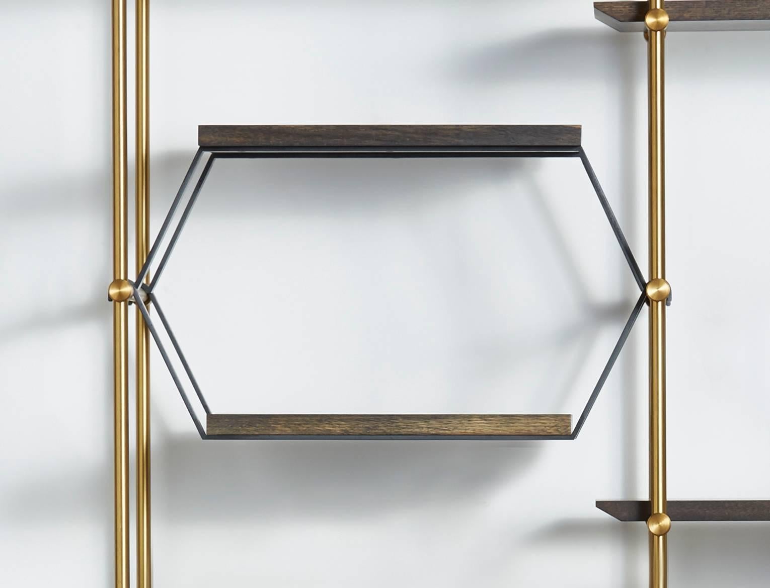 Ferronnerie  Amuneal's 2 Bay Collector's Brass Shelving Unit+Oxidized Oak Adjustable Shelves en vente