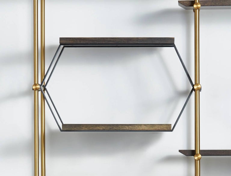 TwoBay Collector's Brass Shelving Unit with Oxidized Oak Adjustable