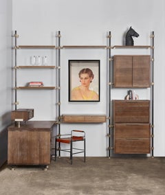 Oak and Brass Office Desk Shelving and Loft Storage Suite by Amuneal