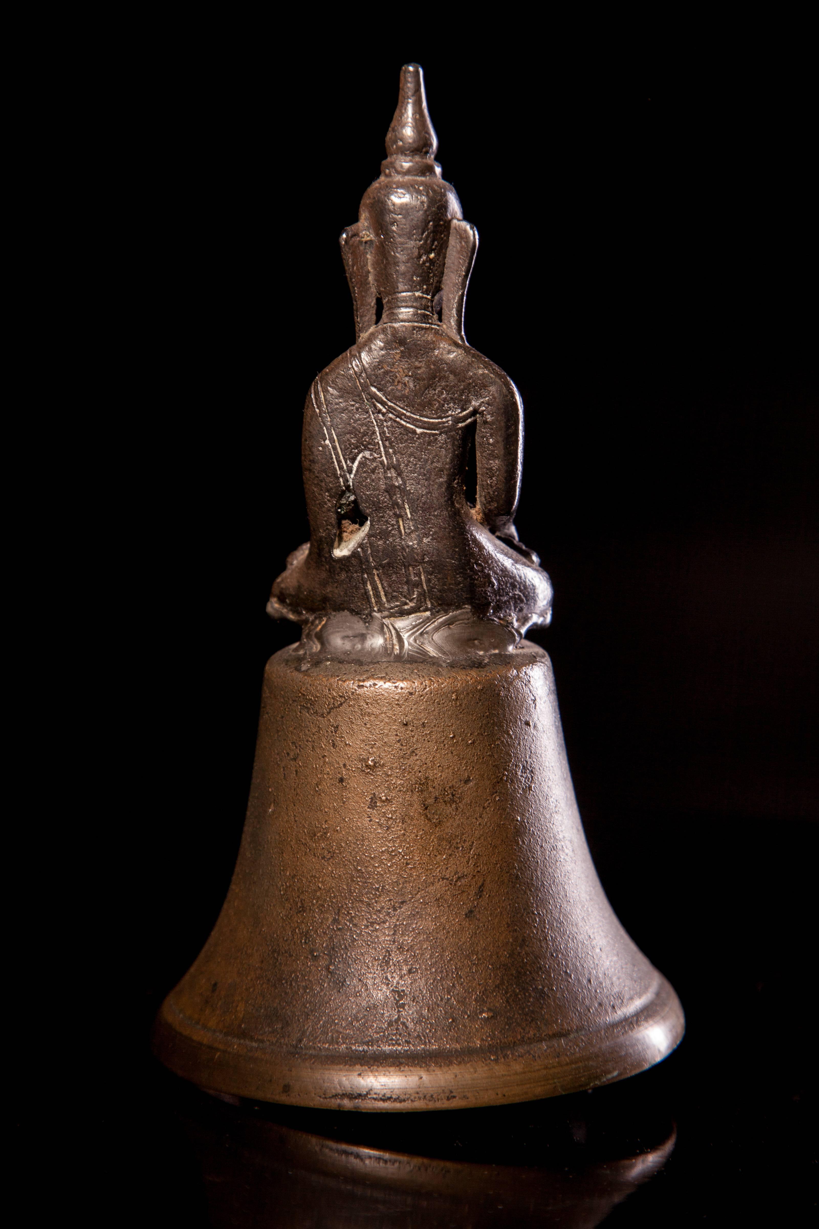 Asian Unusual Bronze-Silver Alloy Buddha Seated on a Bell For Sale