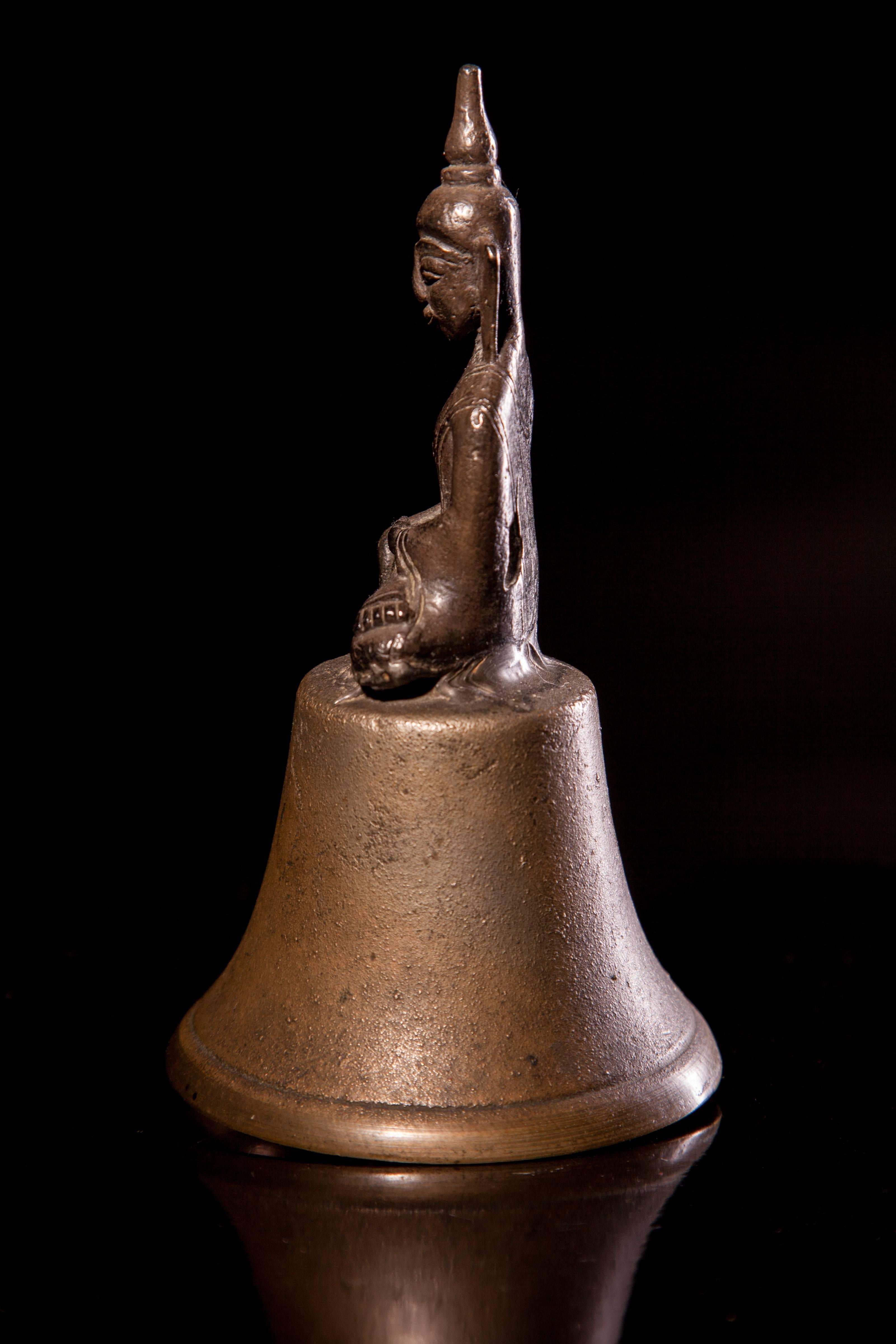 Unusual Bronze-Silver Alloy Buddha Seated on a Bell In Excellent Condition For Sale In London, GB