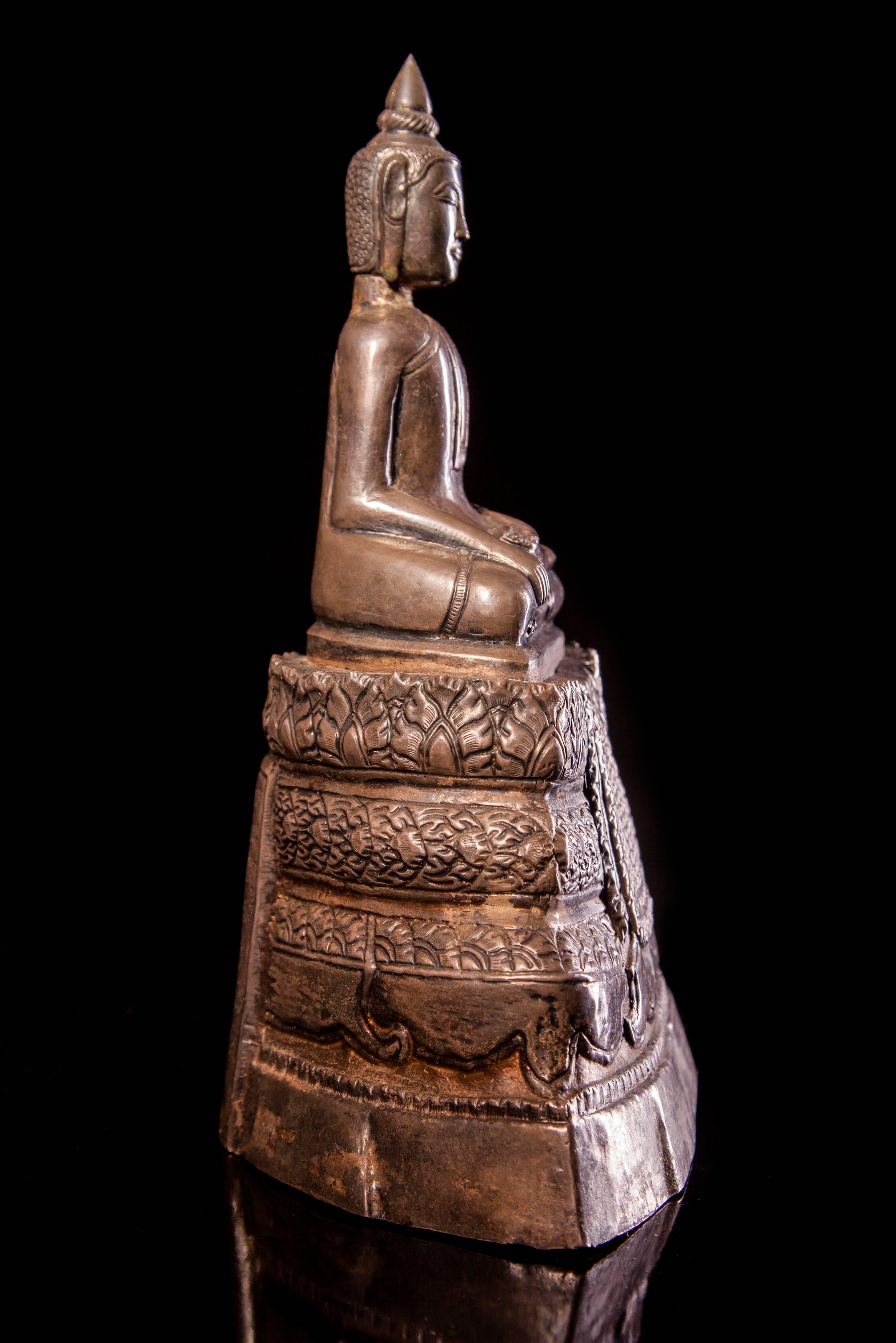 Cambodian 19th Century Silver Figure of a Seated Buddha on a Stepped Pedestal For Sale