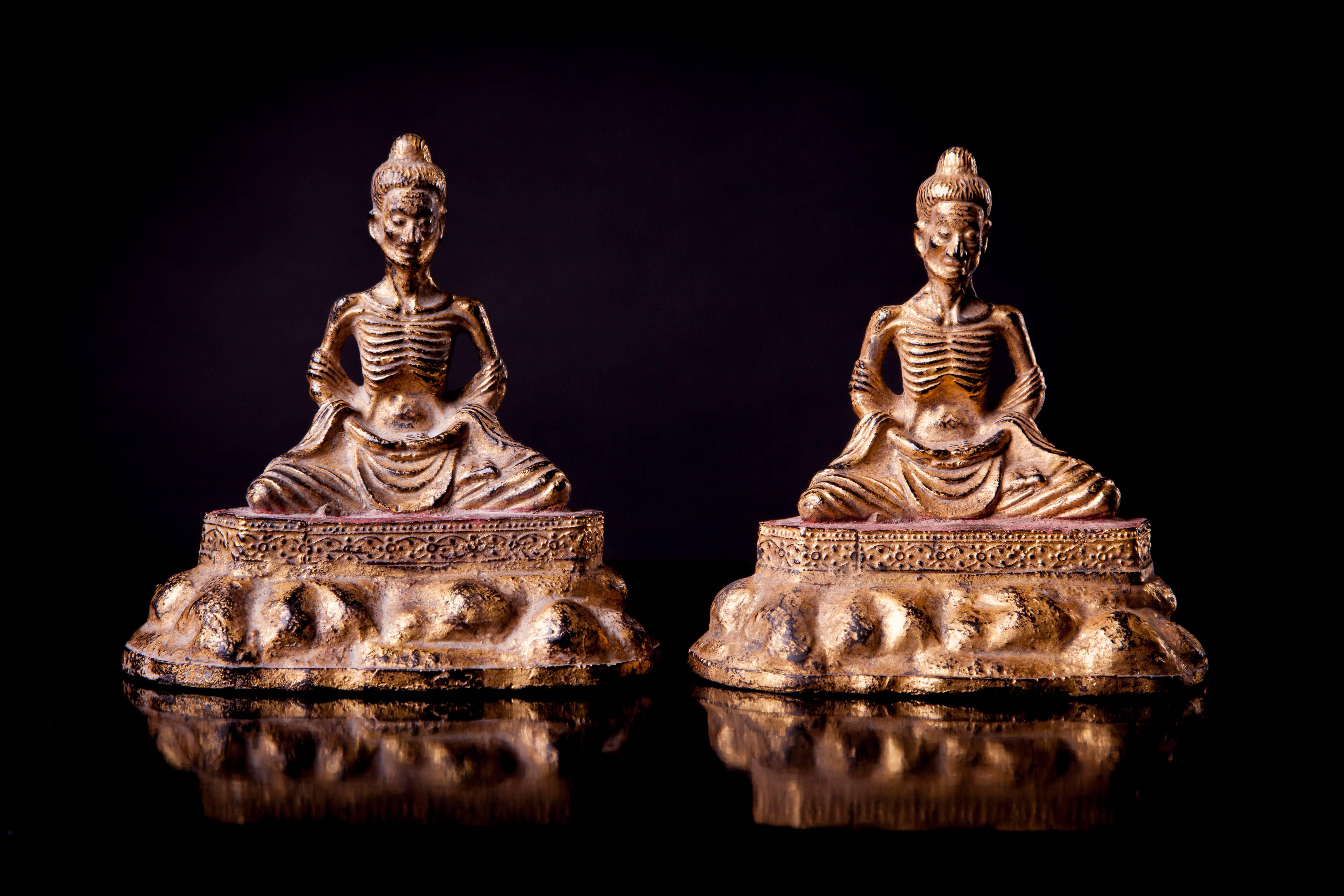 Asian Two Gilded and Lacquered Bronze Fasting Buddha For Sale