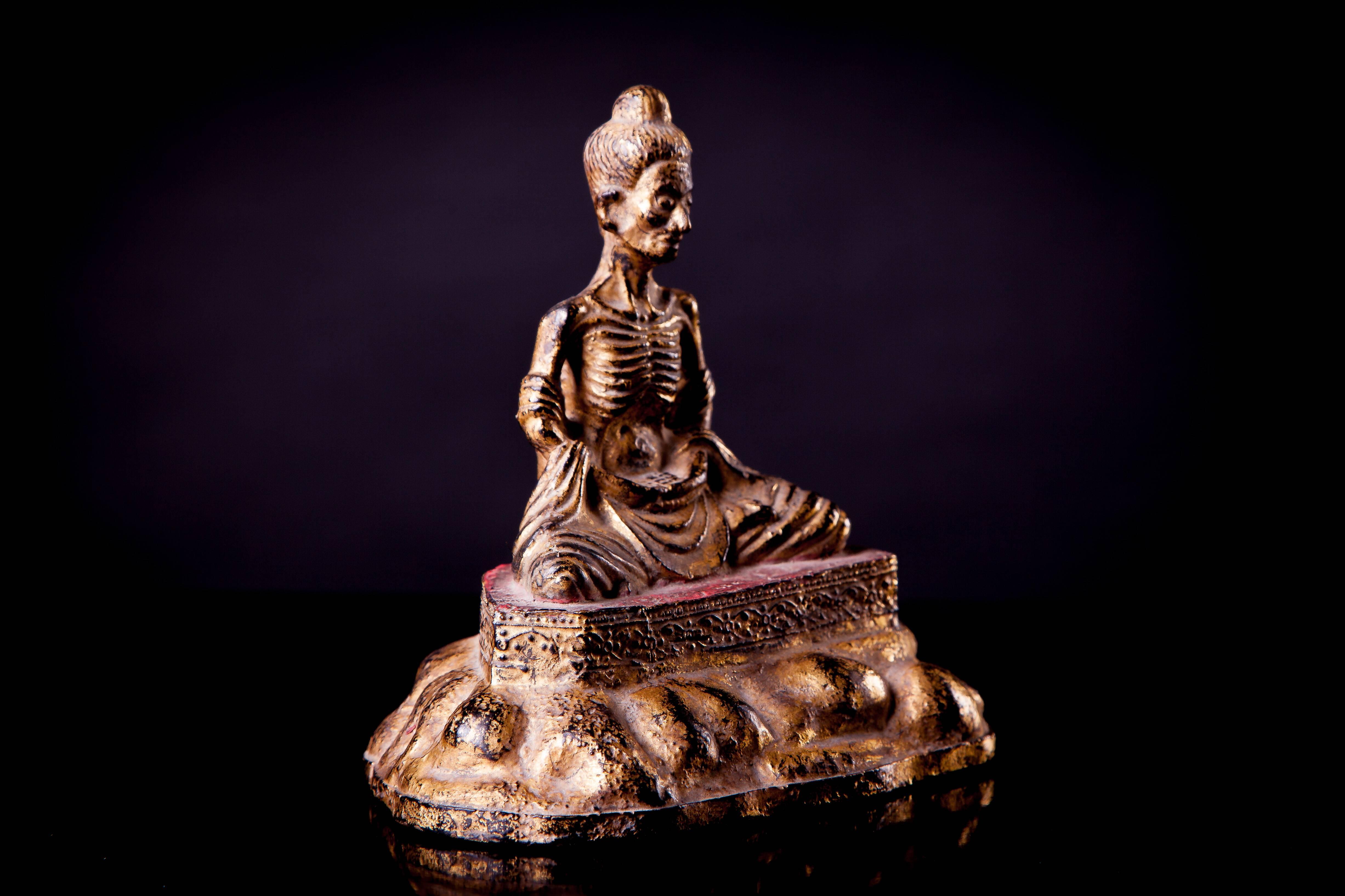 Two Gilded and Lacquered Bronze Fasting Buddha In Excellent Condition For Sale In London, GB