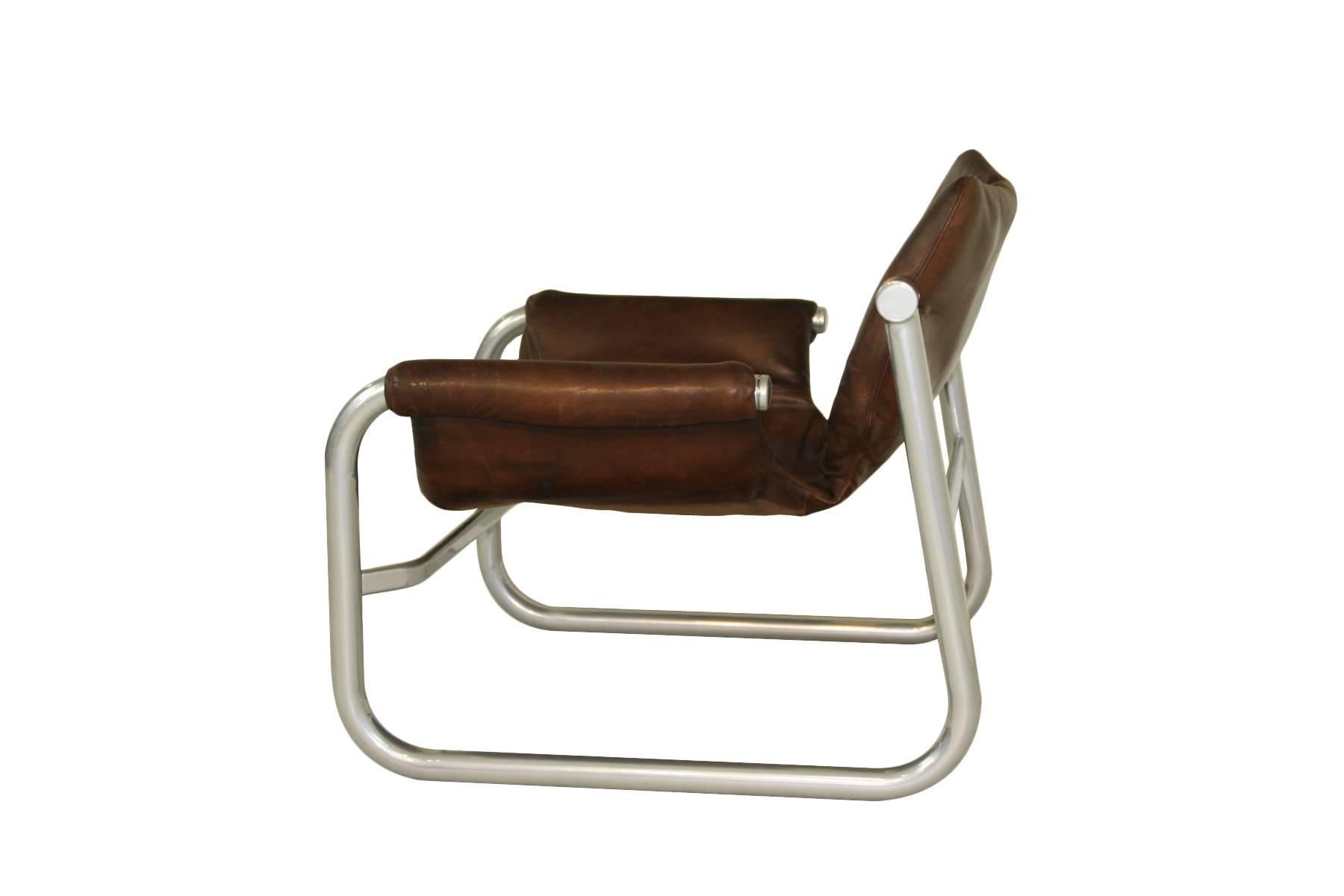 1960s Maurice Burke ‘Alpha’ Leather Sling Chair for Pozza, Brazil In Good Condition For Sale In Newbury, Berkshire