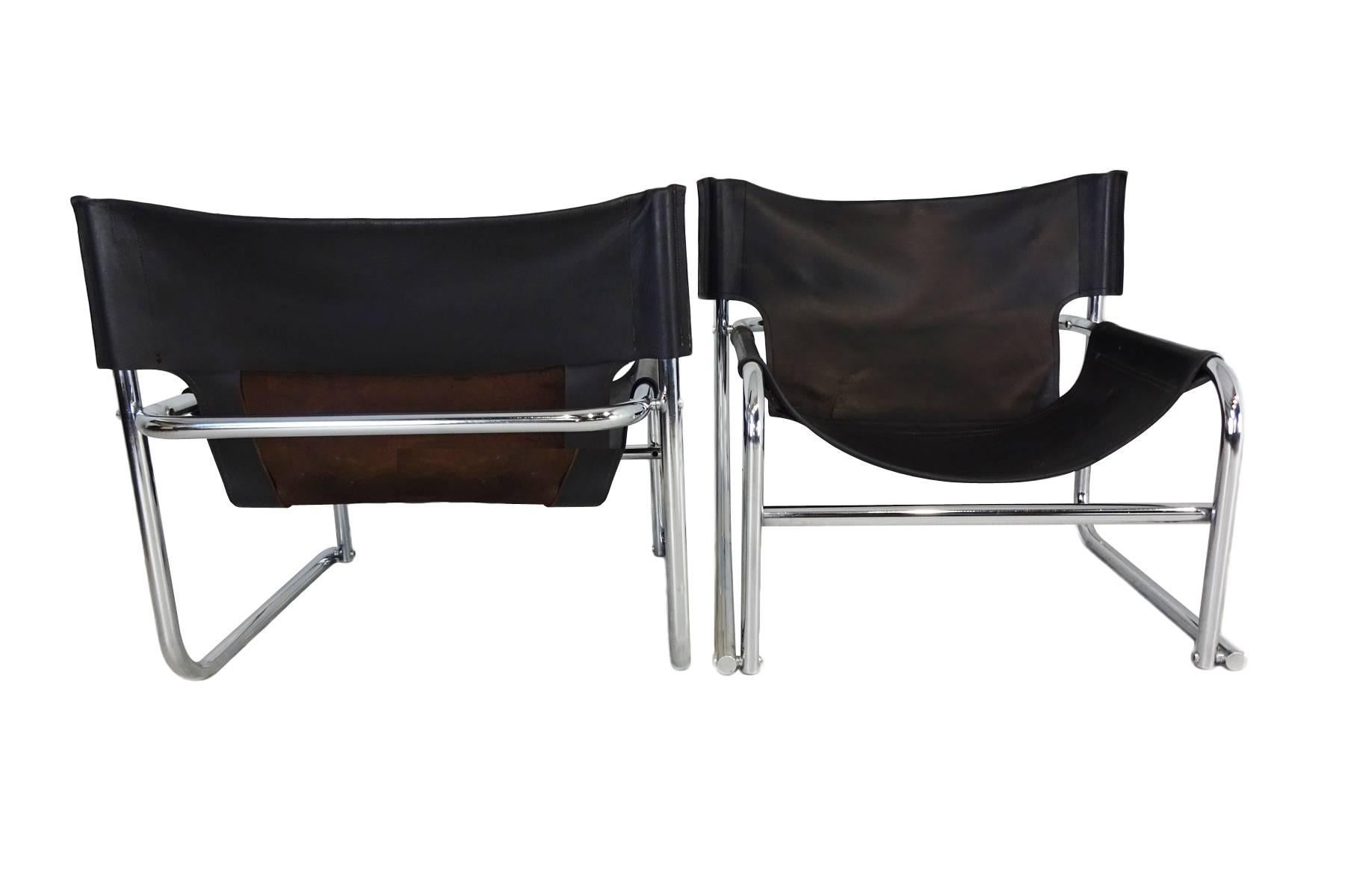 Mid-Century Modern Pair of Rodney Kinsman Omk T1 Midcentury Leather and Chrome Sling Chairs For Sale