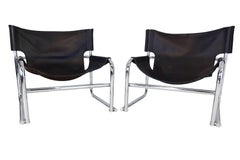 Pair of Rodney Kinsman Omk T1 Midcentury Leather and Chrome Sling Chairs