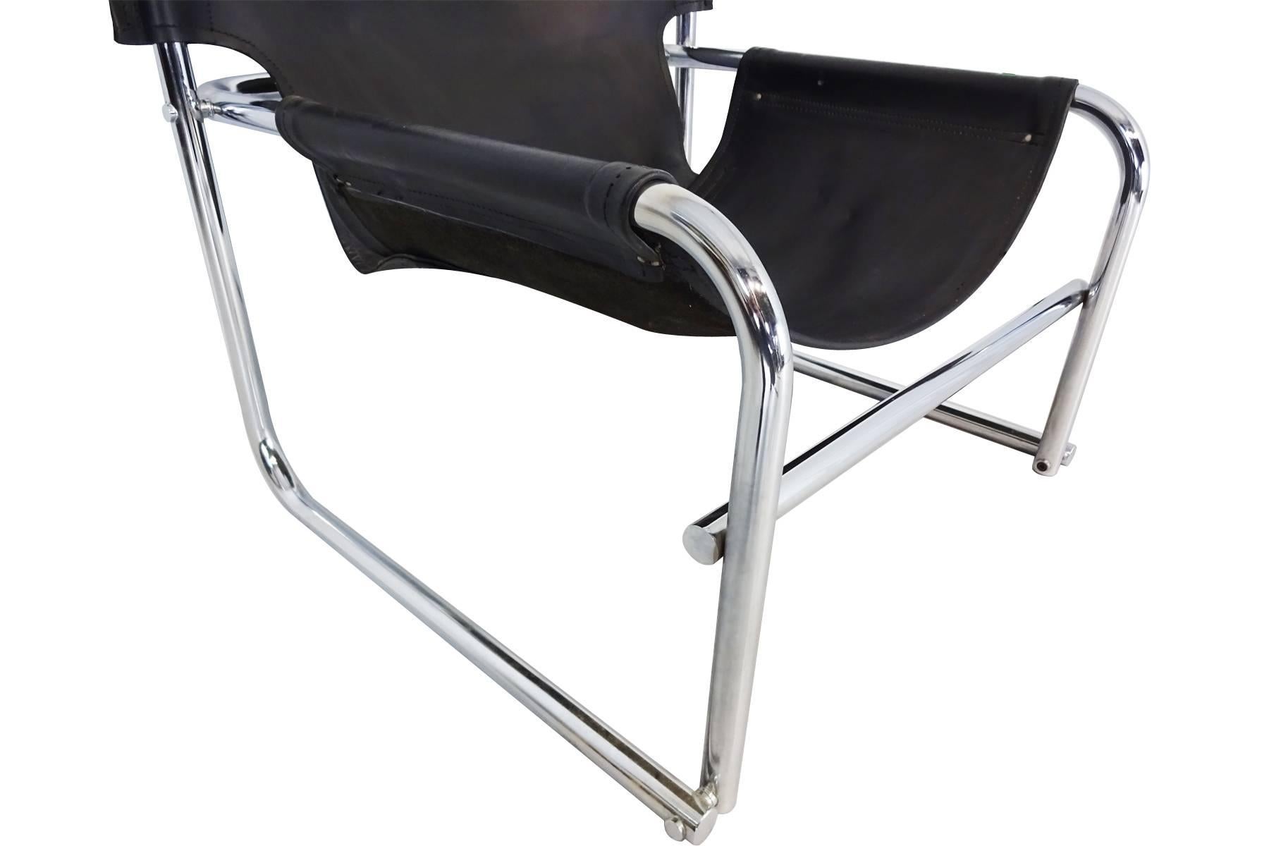 Mid-20th Century Pair of Rodney Kinsman Omk T1 Midcentury Leather and Chrome Sling Chairs For Sale