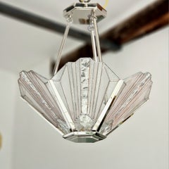 French Art Deco Chandelier with Nickel finish and Vitrail Glass