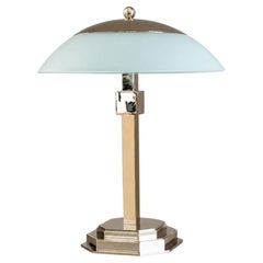 Lampe de table Art déco française, finition nickel et verre dépoli
