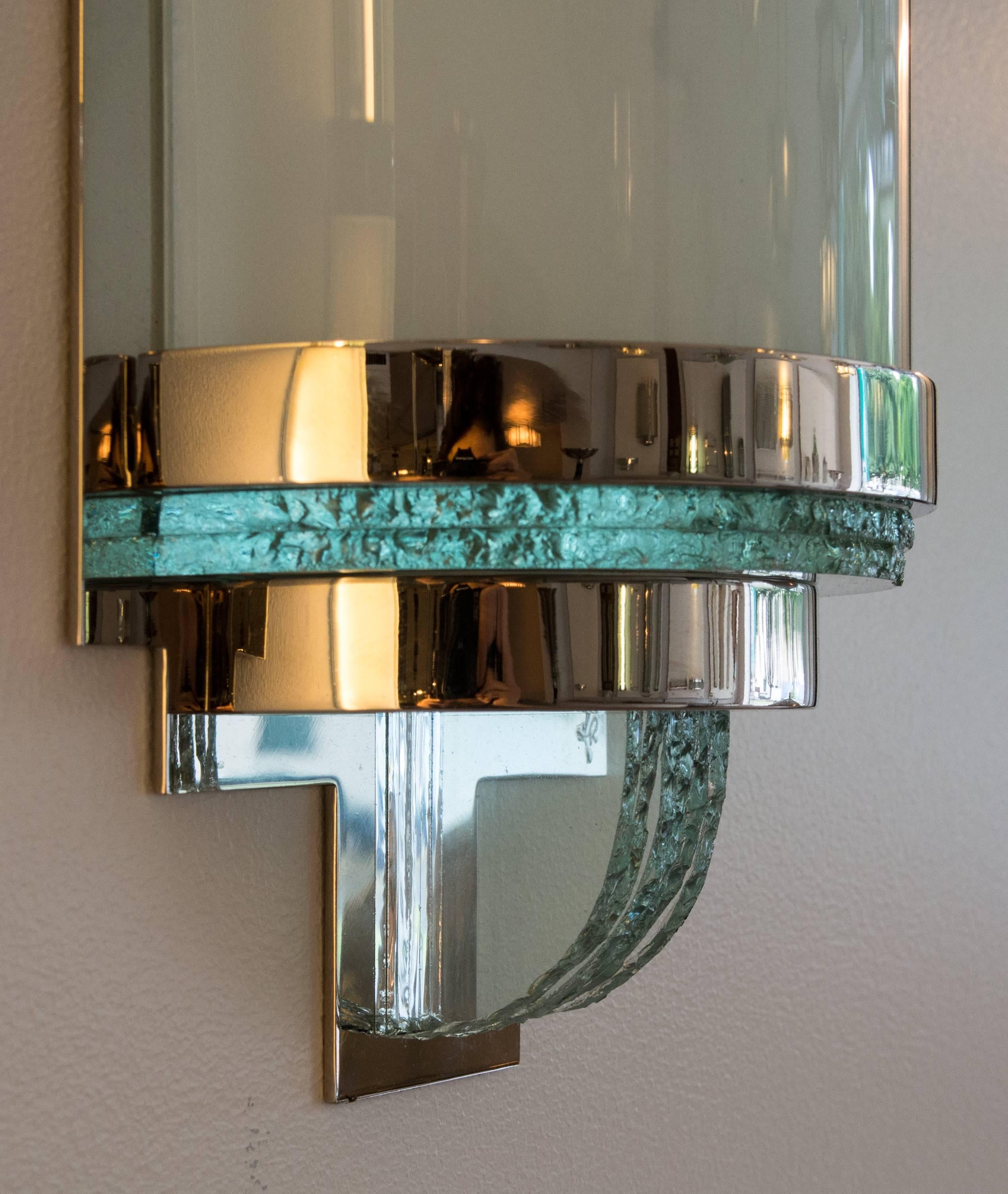French Art Deco Sconce with Nickel Finish and Glass 'Modernist' For Sale