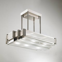 Art Deco Chandelier by Sofar, Nickel Finish with Glass, France