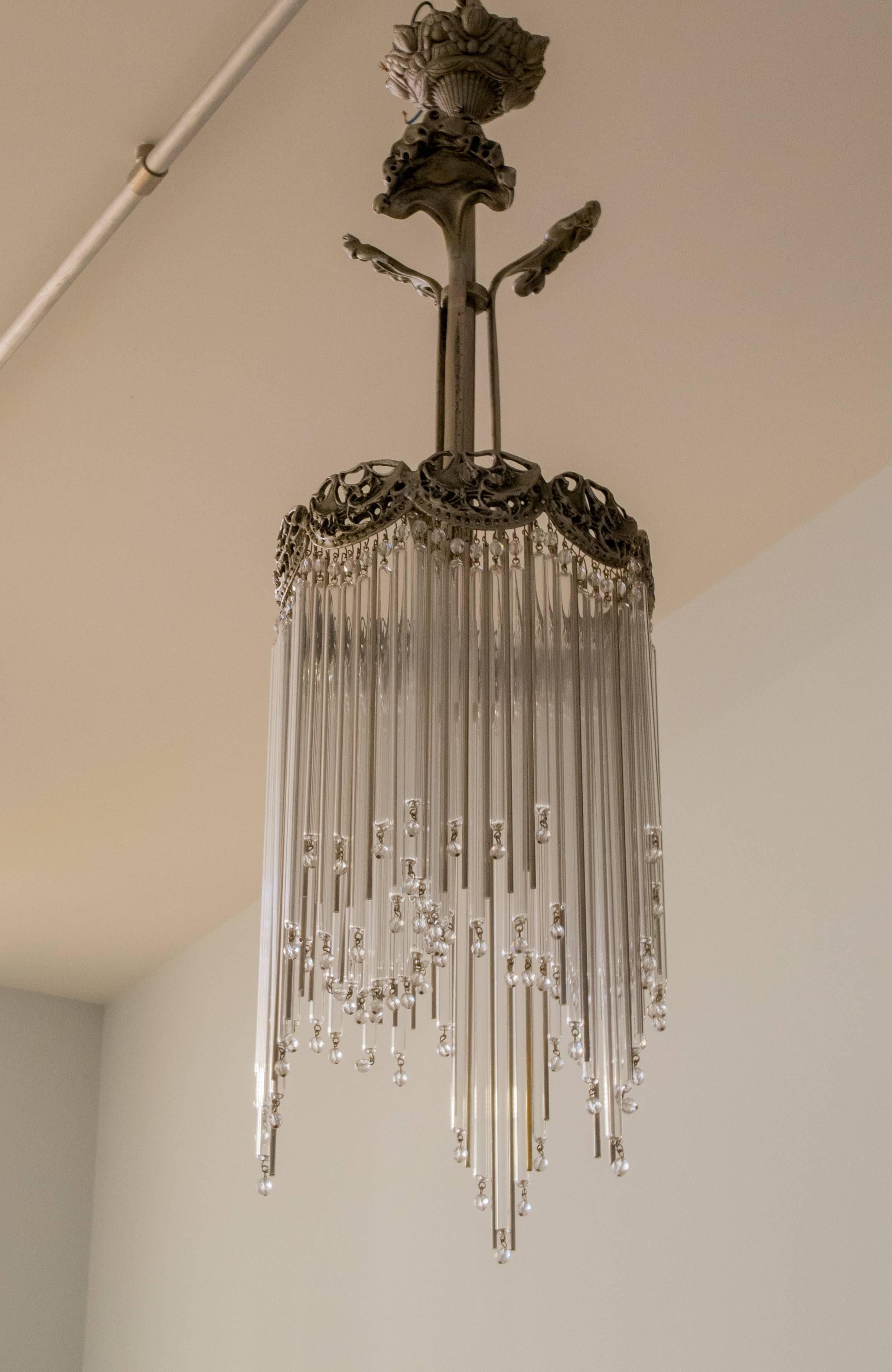 Art Nouveau Guimard chandelier with nickel finish.