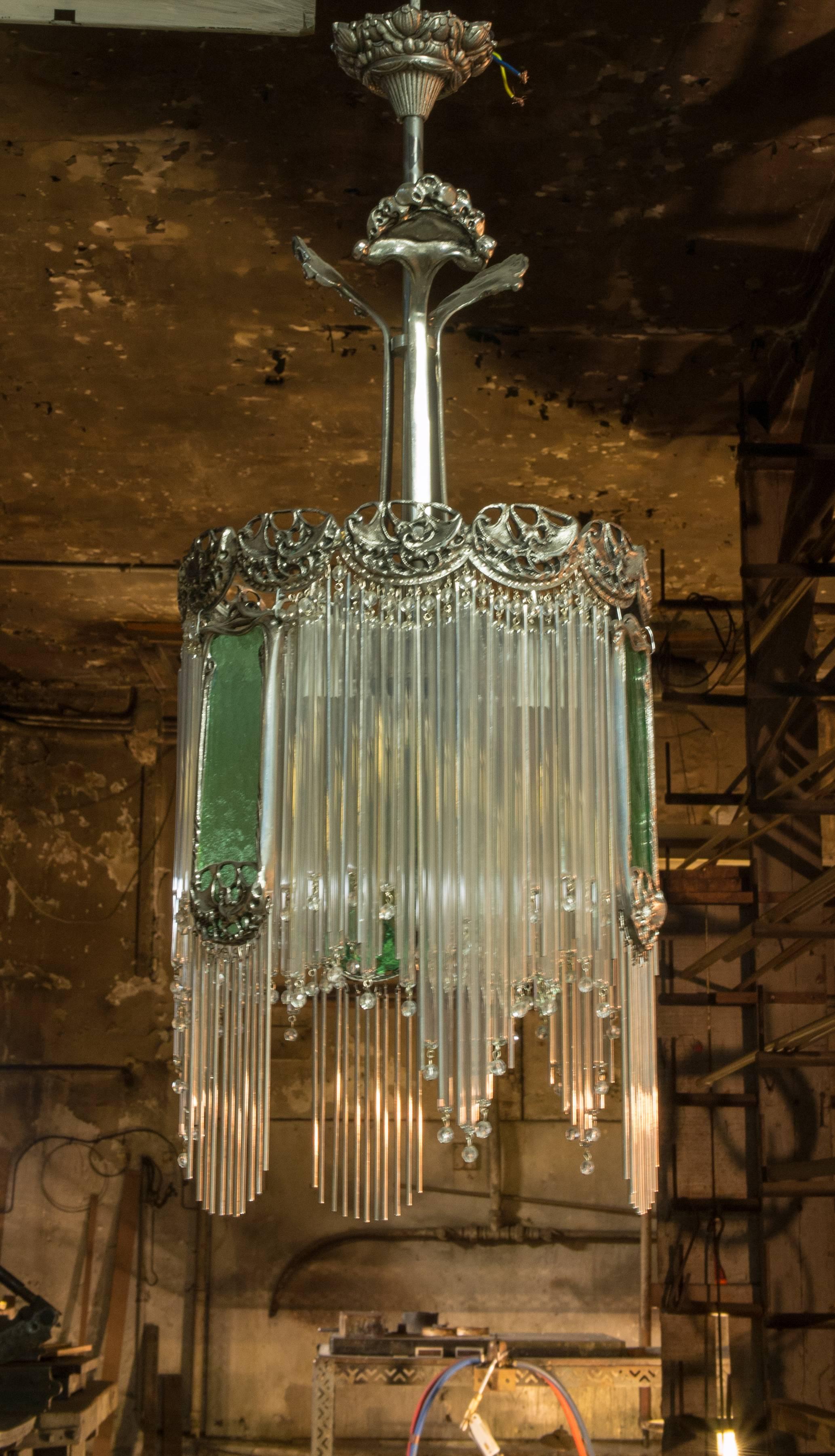 Guimard Art Nouveau chandelier with nickel finish and green glasses.