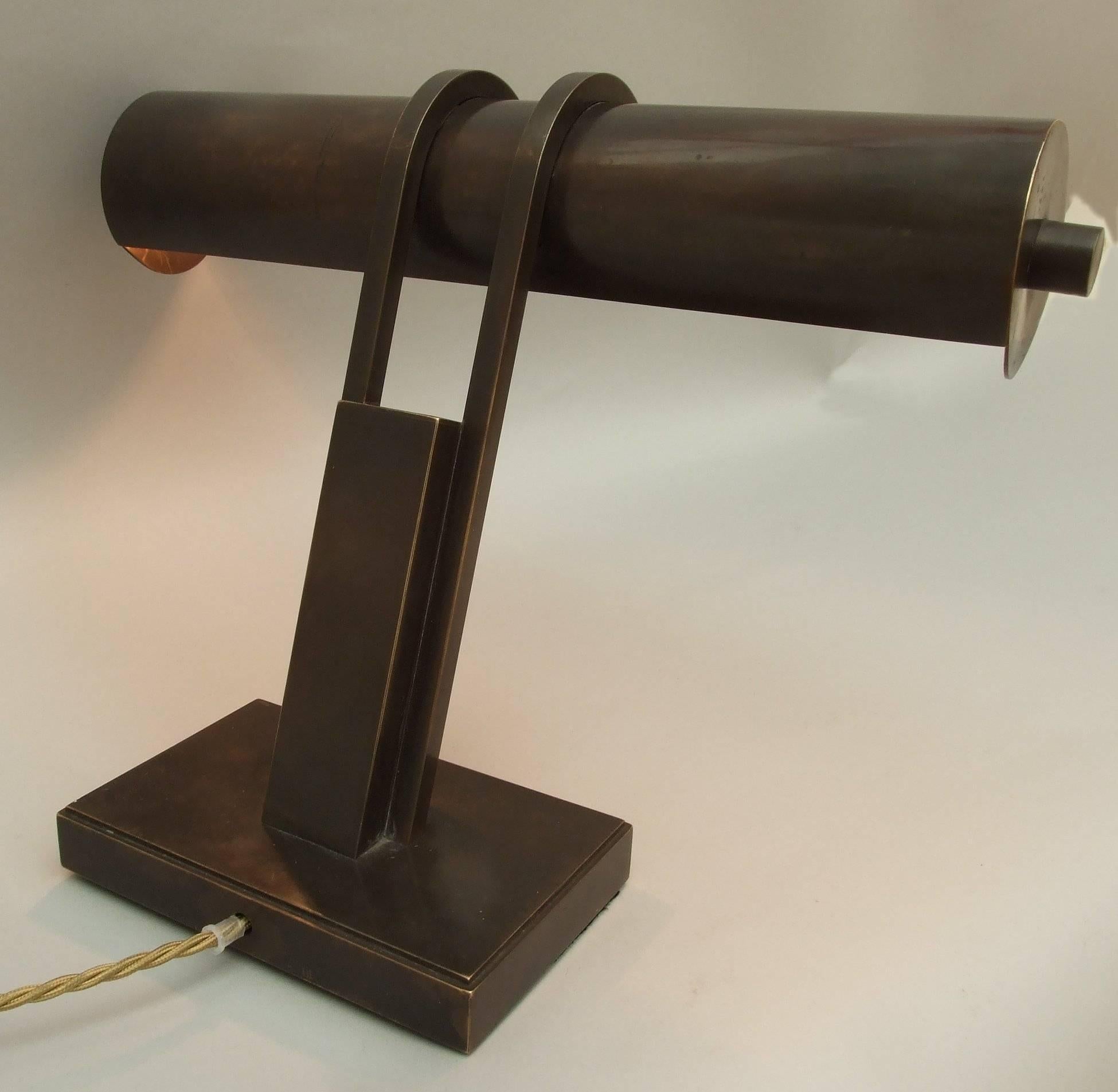 An Art Deco bronze angled desk lamp, re-wired, possibly American, circa 1935, 25.5cm (10in) high.