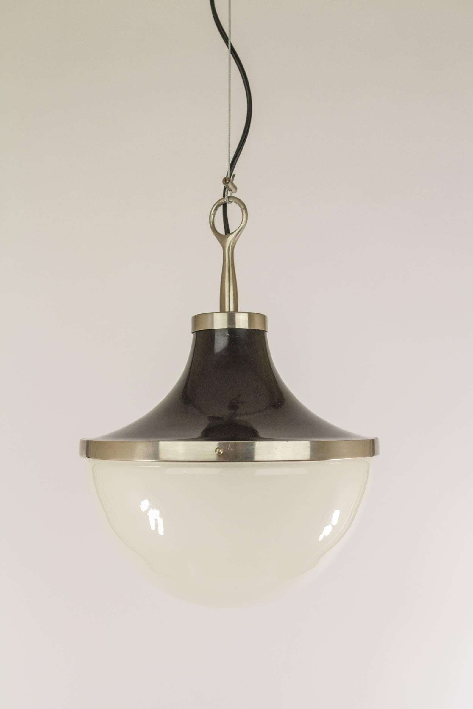 Frosted Pi cavo Glass Pendant in Dark Brown and Nickel Sergio Mazza for Artemide, 1960s