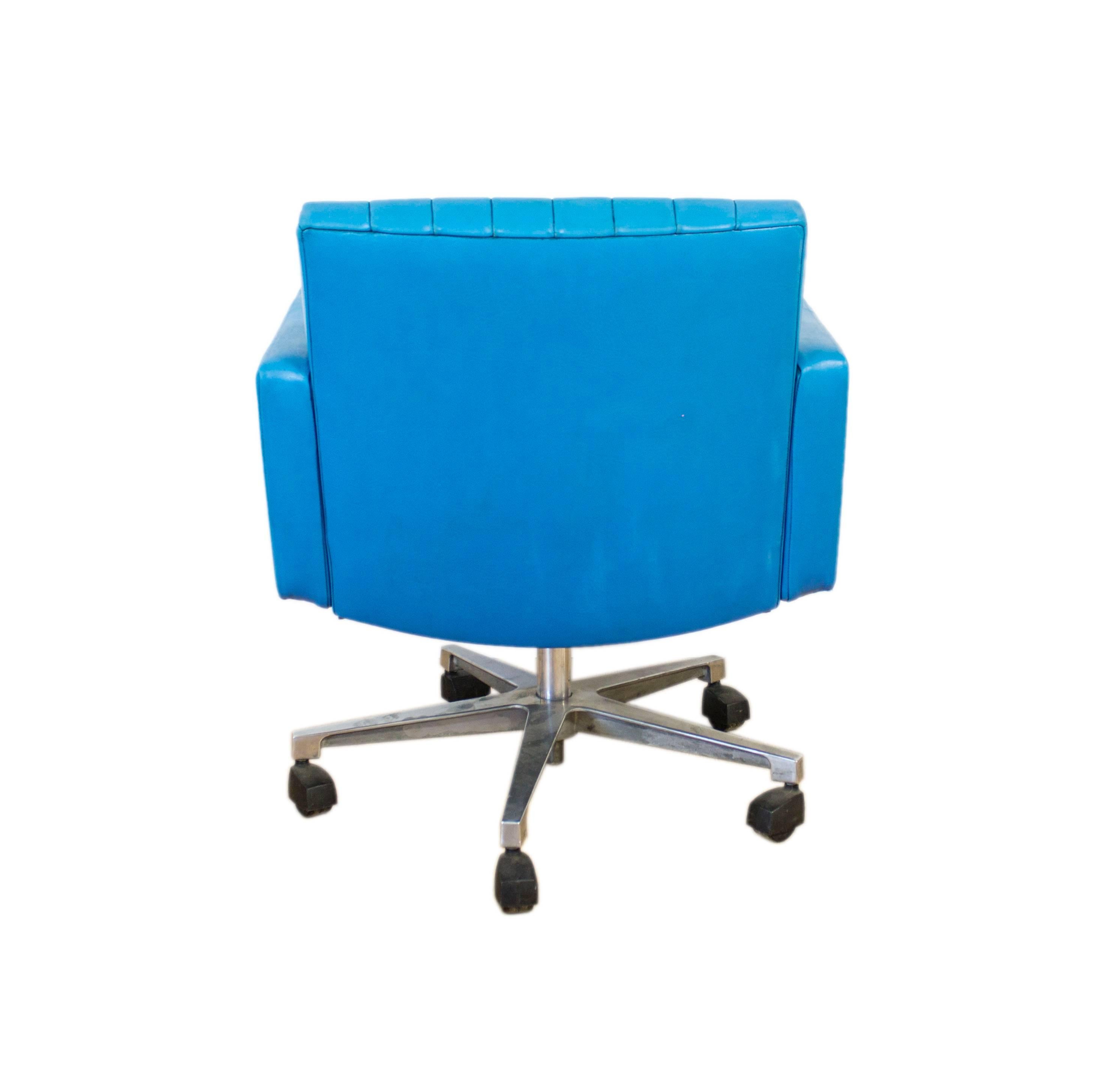 British Turquoise Leather Swivel Armchair Desk Chair Retro G Plan Eames Era For Sale