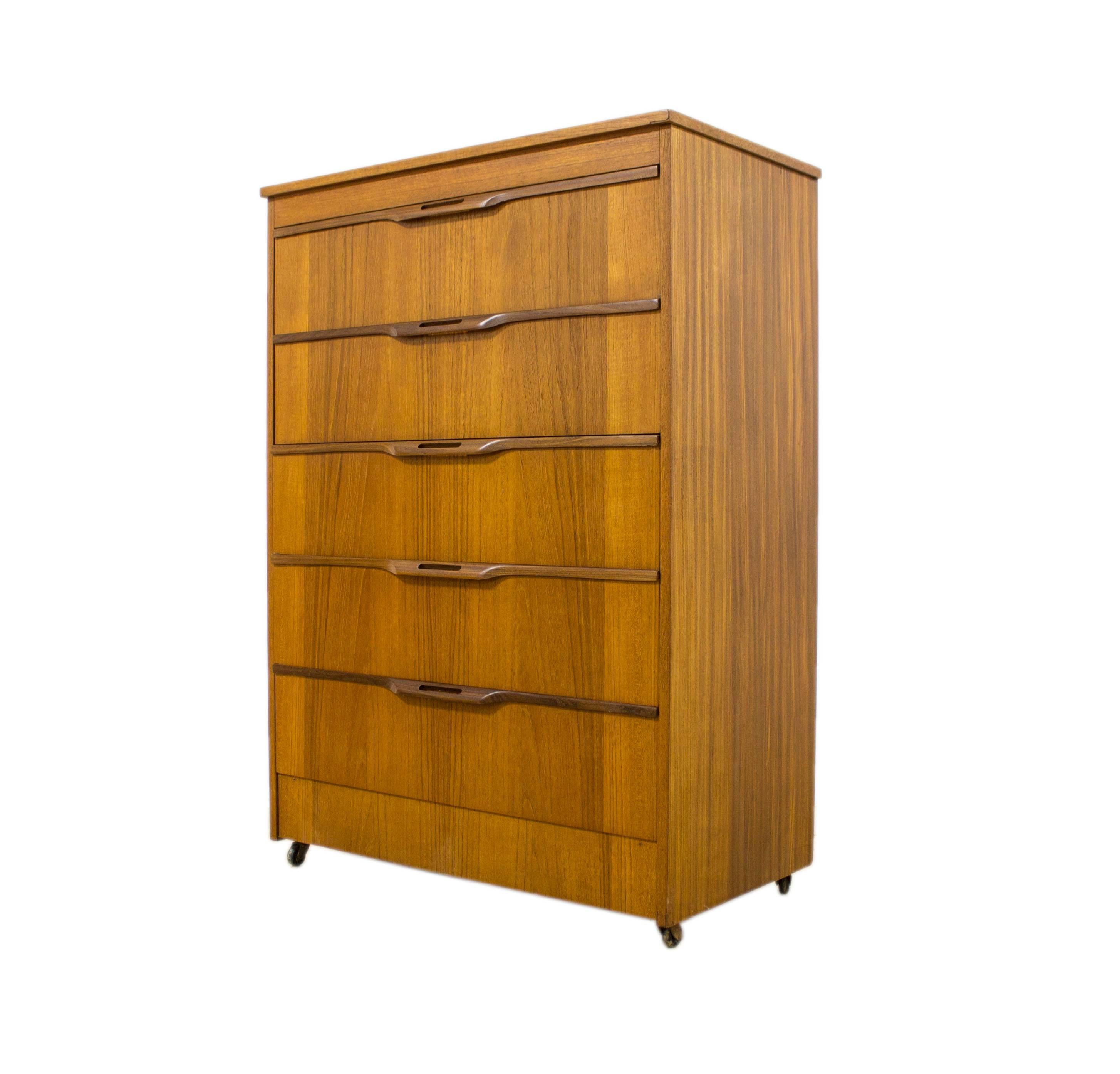 Mid-Century Modern Danish Tallboy Chest Drawers with Inset Rosewood Handles G Plan Eames Era For Sale