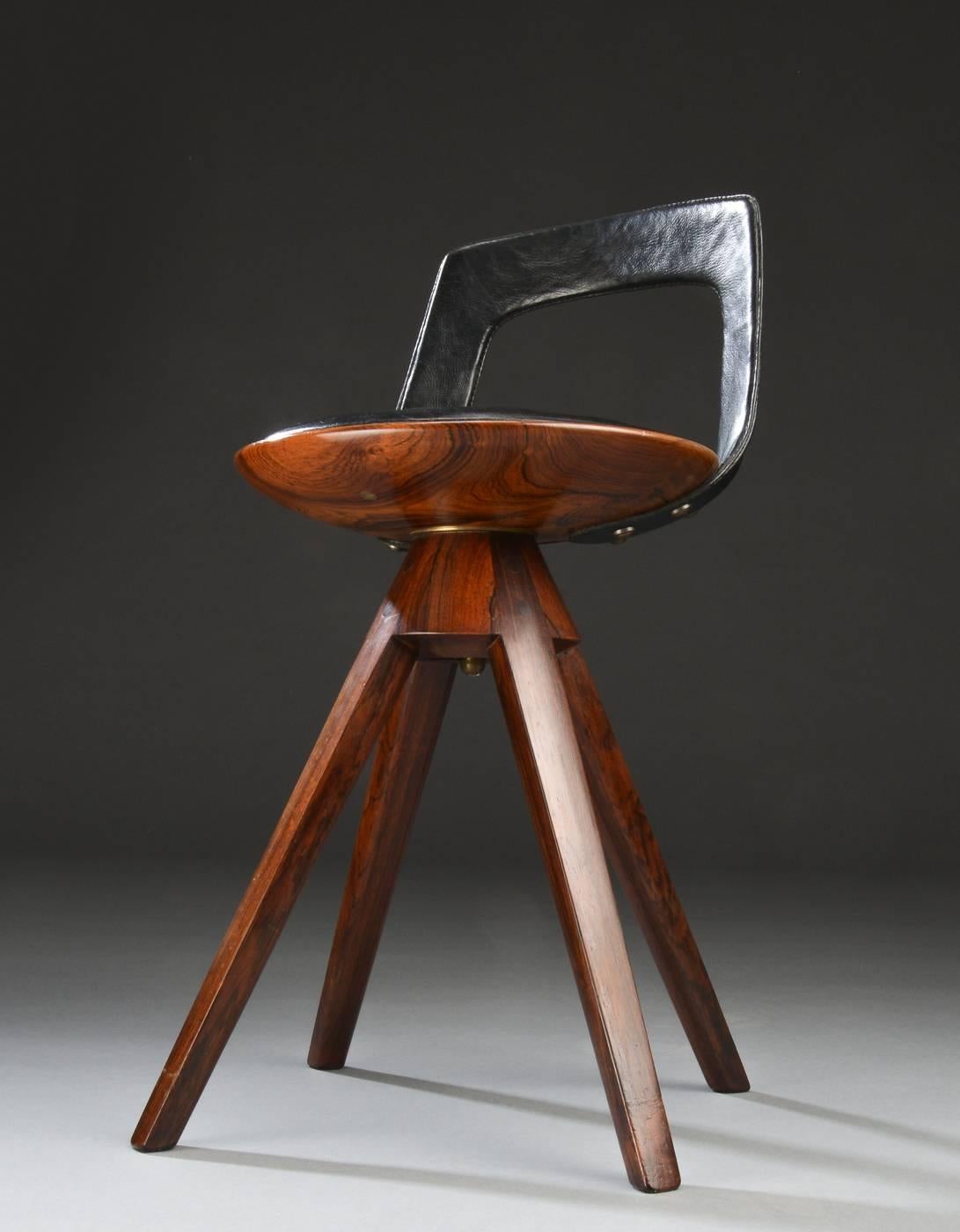 Patinated Swivel Stool with Backrest In Rosewood by Tove & Edvard Kindt-Larsen For Sale