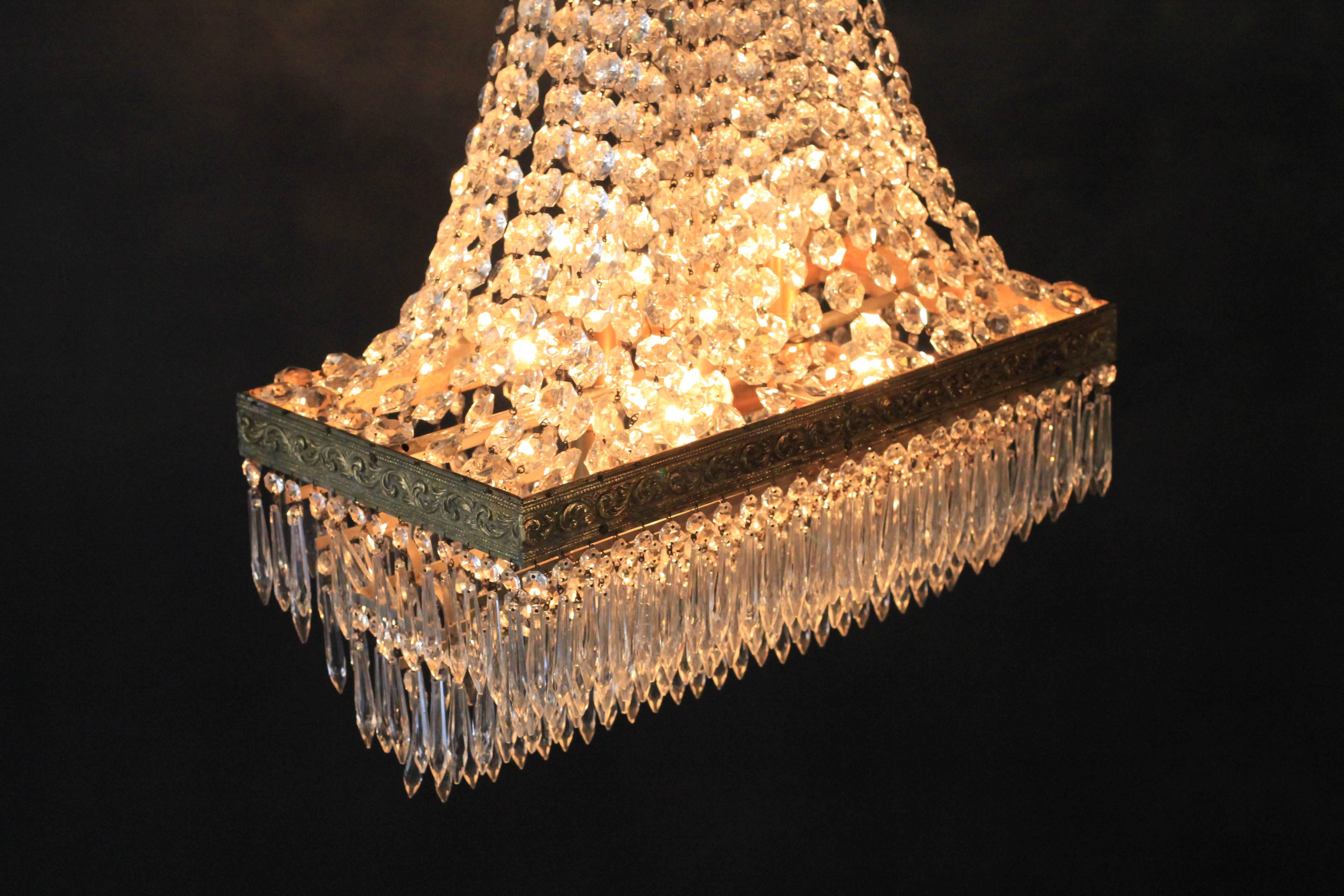 European Rarity Rectangle Crystal Chandelier Brass Lustre Ceiling Square Lamp Antique