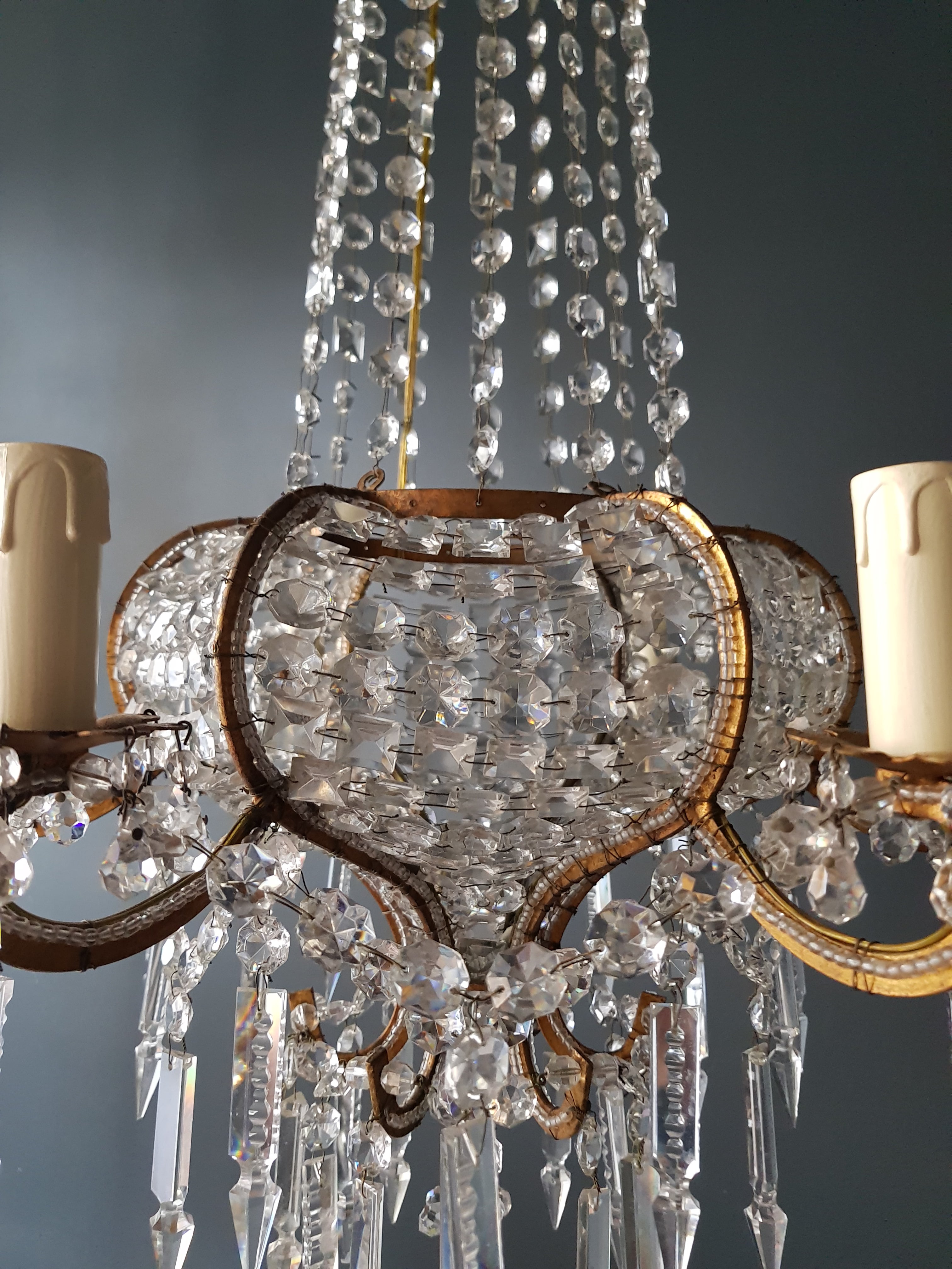 Antique 1900s Chandelier Crystal Lustre Brass Ceiling Lamp Rarity Neoclassical