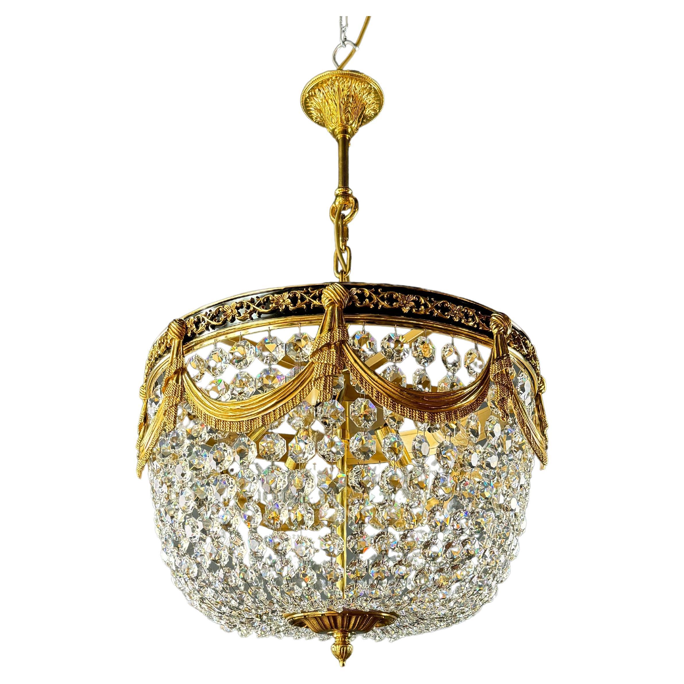 Low Plafonnier Crystal Chandelier in Gold Lustre Brass Art Deco For Sale