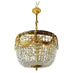 Low Plafonnier Crystal Chandelier in Gold Lustre Brass Art Deco