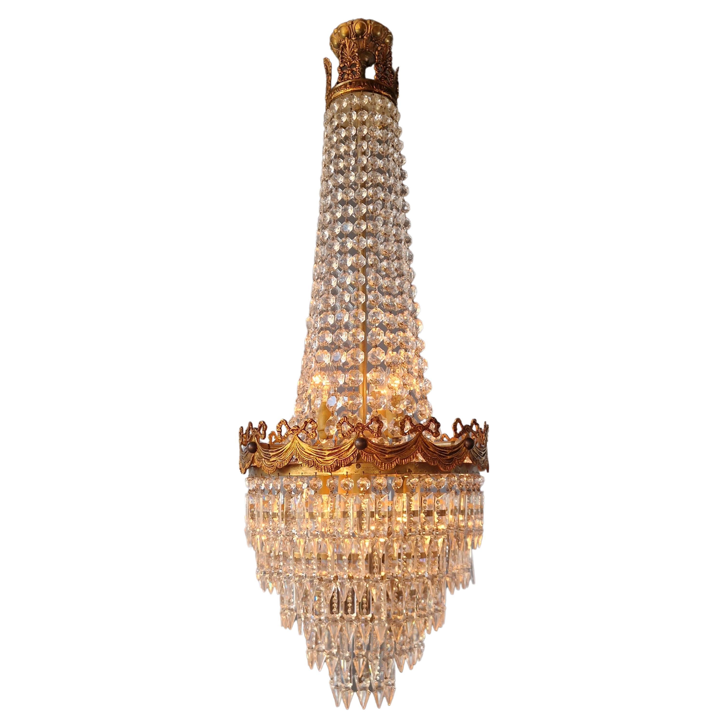 Pair of Antique Crystal Chandelier Ceiling Lamp Lustre Art Nouveau Empire