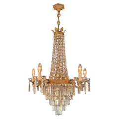 Antique Italian Neoclassical Crystal Chandelier Brass Original Wooden Sockets