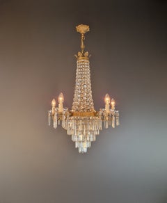 Antique Italian Neoclassical Crystal Chandelier Brass Original Wooden Sockets