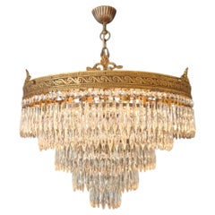 Antique Art Deco Neoclassical Brass and Crystal Chandelier Plafonnier Ceiling