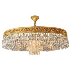Antique Oval Flush Mount Chandelier Brass Crystal Ceiling Light Restored Gold