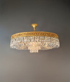 Antique Oval Flush Mount Chandelier Brass Crystal Ceiling Light Restored Gold