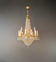 Antique Italian Empire Revival Brass and Crystal Chandelier Candle Holders