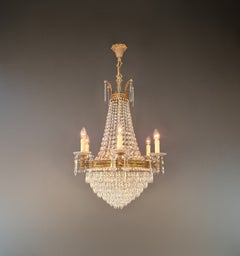 Antique Empire Style Brass Crystal Chandelier Neoclassical European Basket