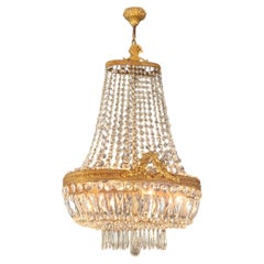 Oval Antique Empire Revival Brass Crystal Chandelier Neoclassical Crystal Basket